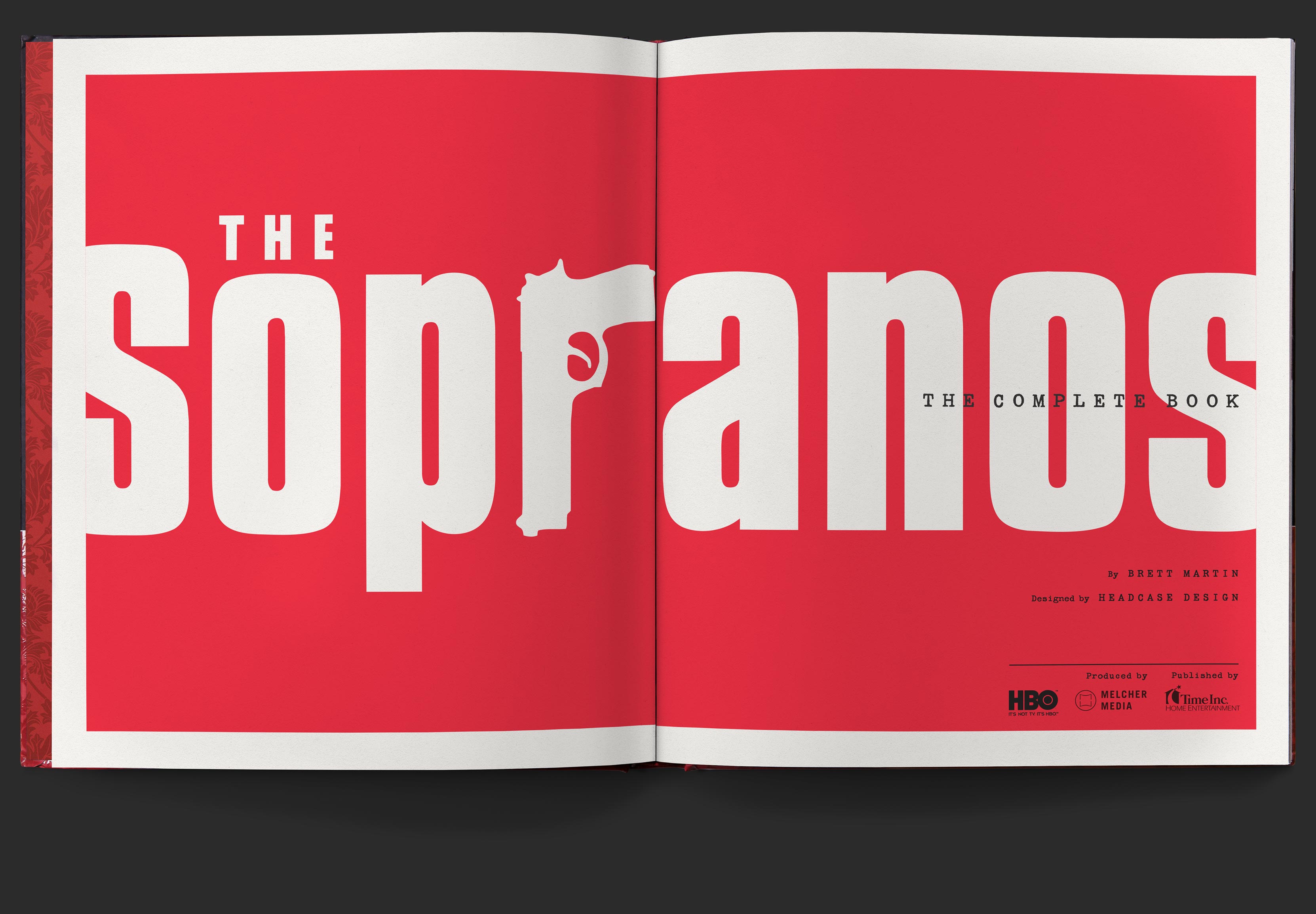 Open book with The Sopranos logo in white spanning both pages, with black typewriter font reading, by Brett Martin, Designed by Headcase Design.