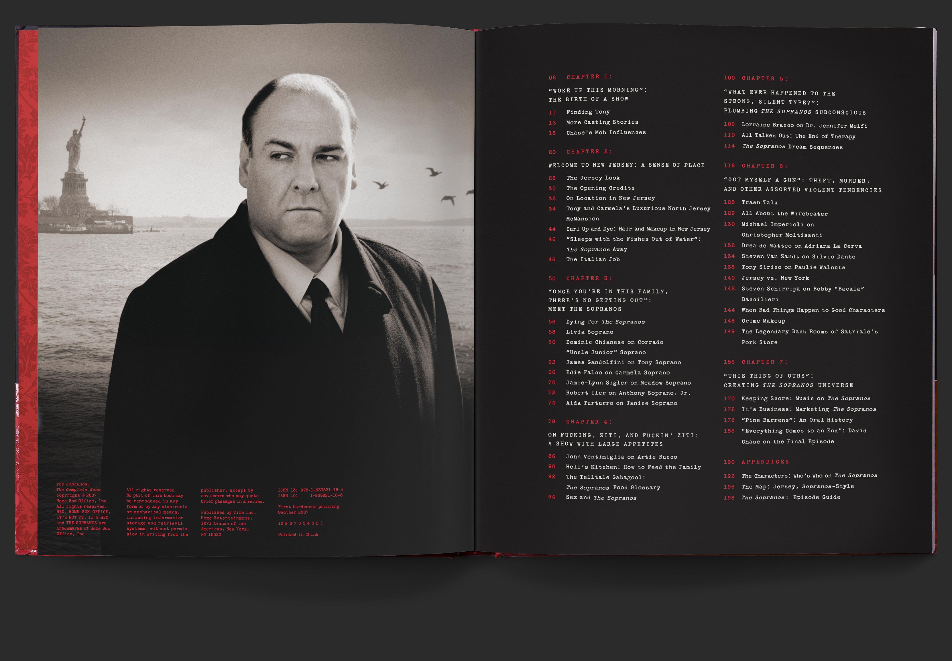 Full page black and white photo of Tony Soprano played by James Gandolfini, opposite table of contents typewritten in red and white on black background.