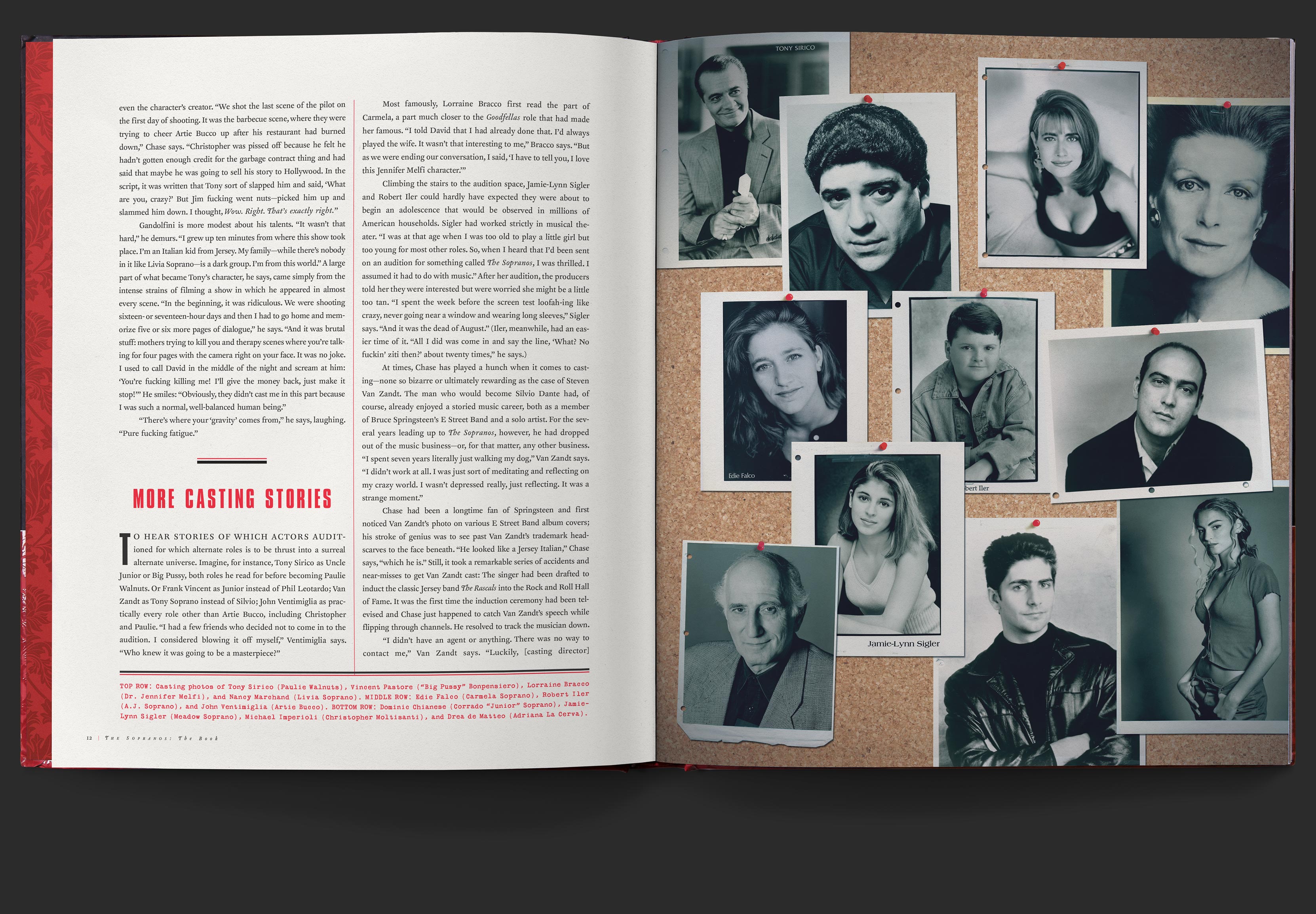 Left page with red and black text describing casting stories, opposite corkboard with actors headshots pinned to it.