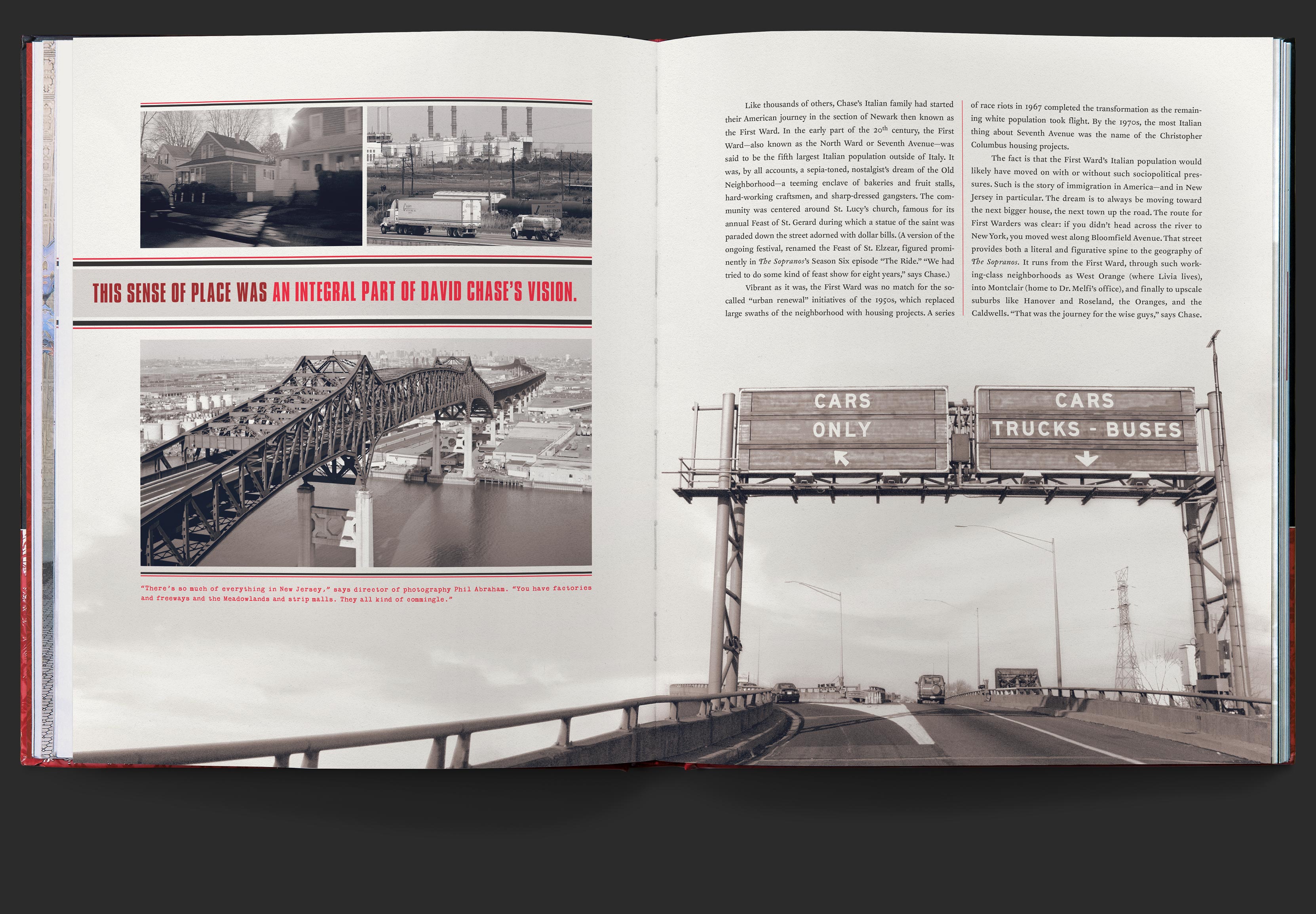 Spread with pull quote reading, this sense of place was an integral part of David Chase’s vision, with text and photos of the New Jersey landscape filling out the pages.