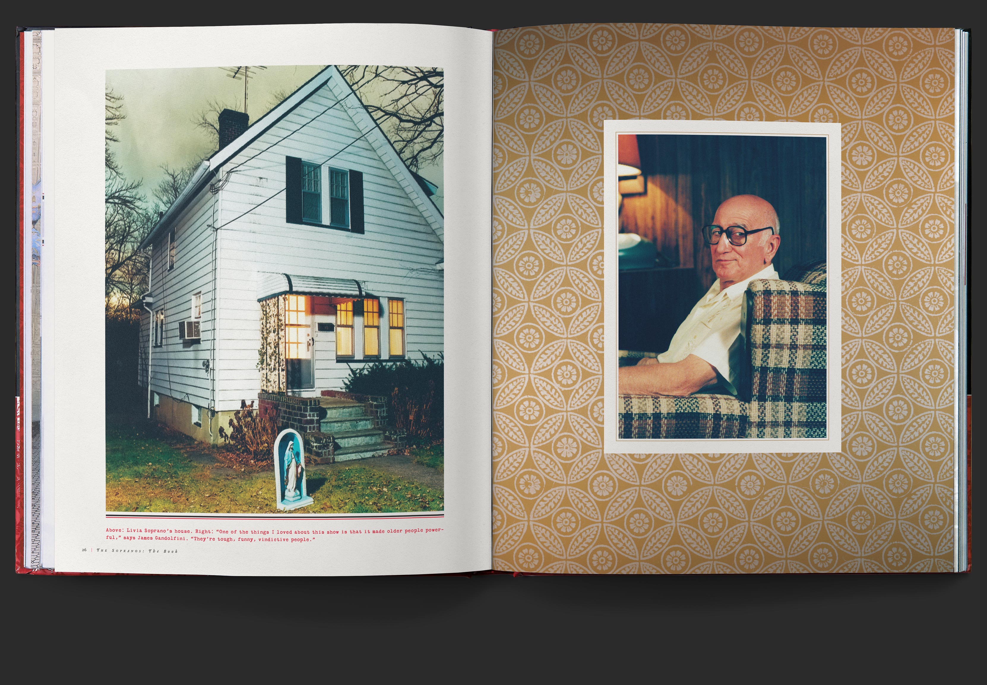 Large photo of Livia Soprano’s house, left, opposite photo of Junior Soprano played by Dominic Chianese, on yellow patterned background.