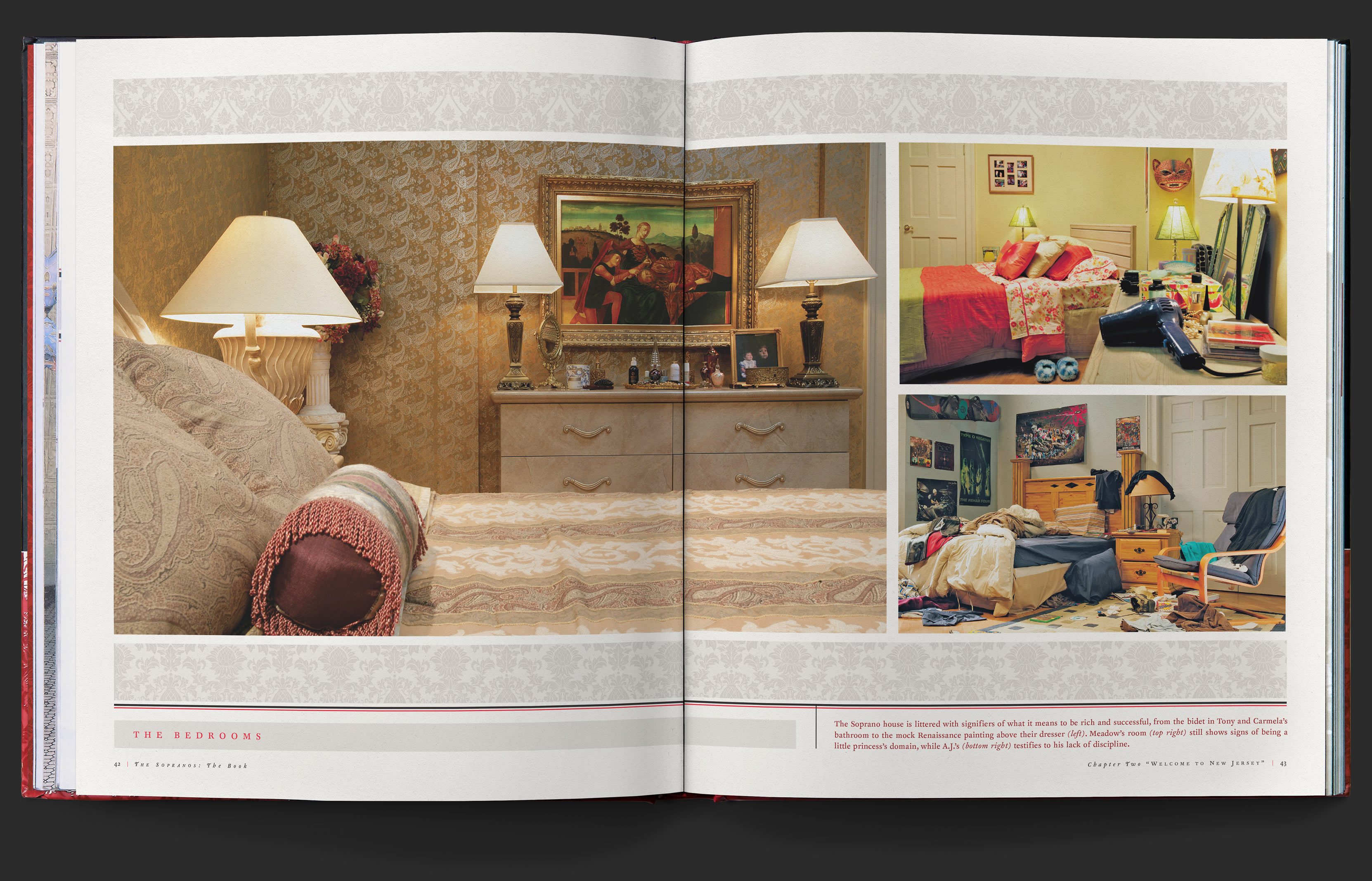 Photo of Tony and Carmela’s bedroom, left, opposite photos of Meadow and AJ’s rooms, right, with caption below.