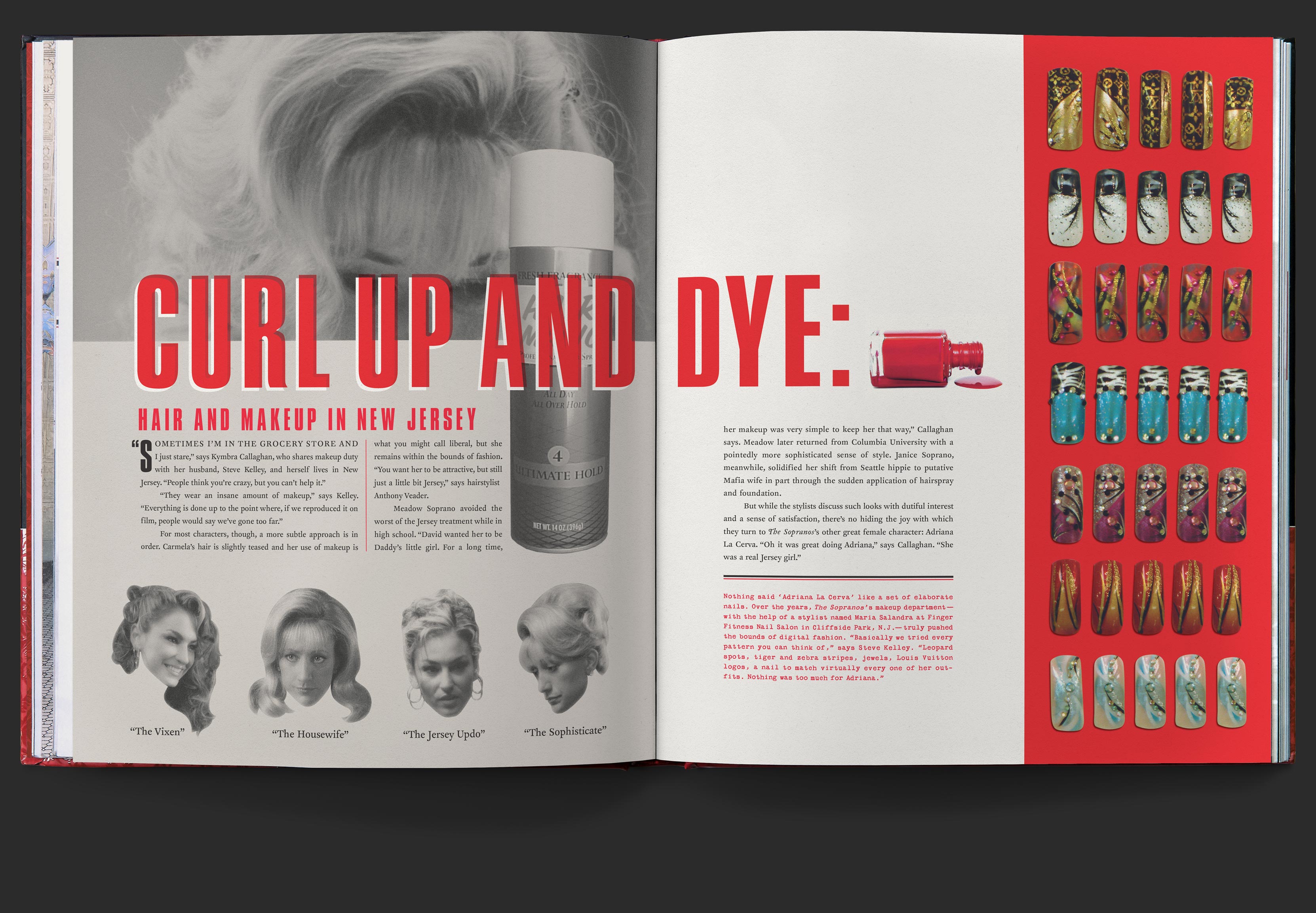 Callout spread titled, Curl up and dye, makeup in new jersey, detailing the elaborate hair and nail styles of the time with visual references throughout spread.