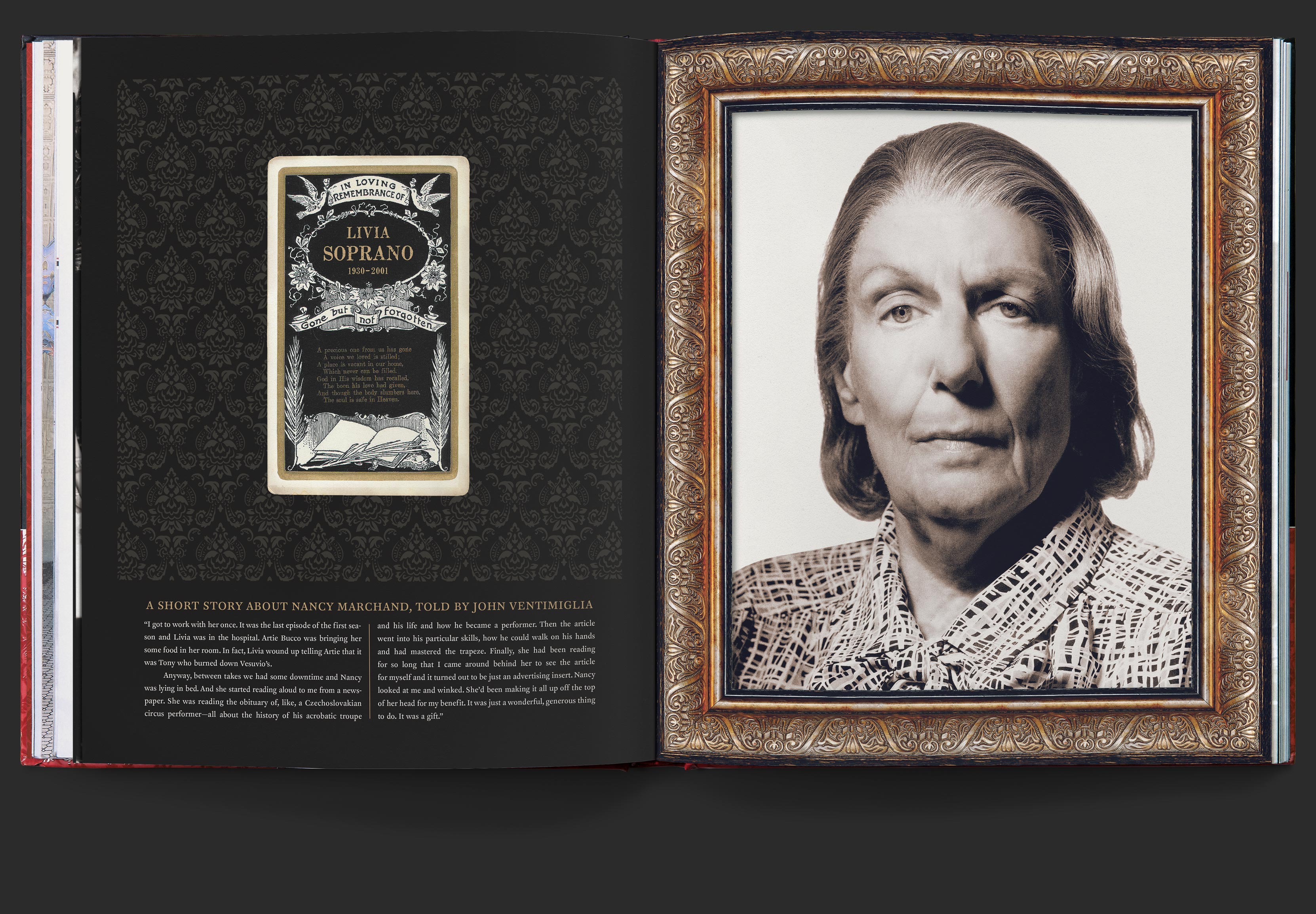 Text and death card for Livia Soprano, left, opposite full page framed portrait of Nancy Marchand as Livia Soprano, right.
