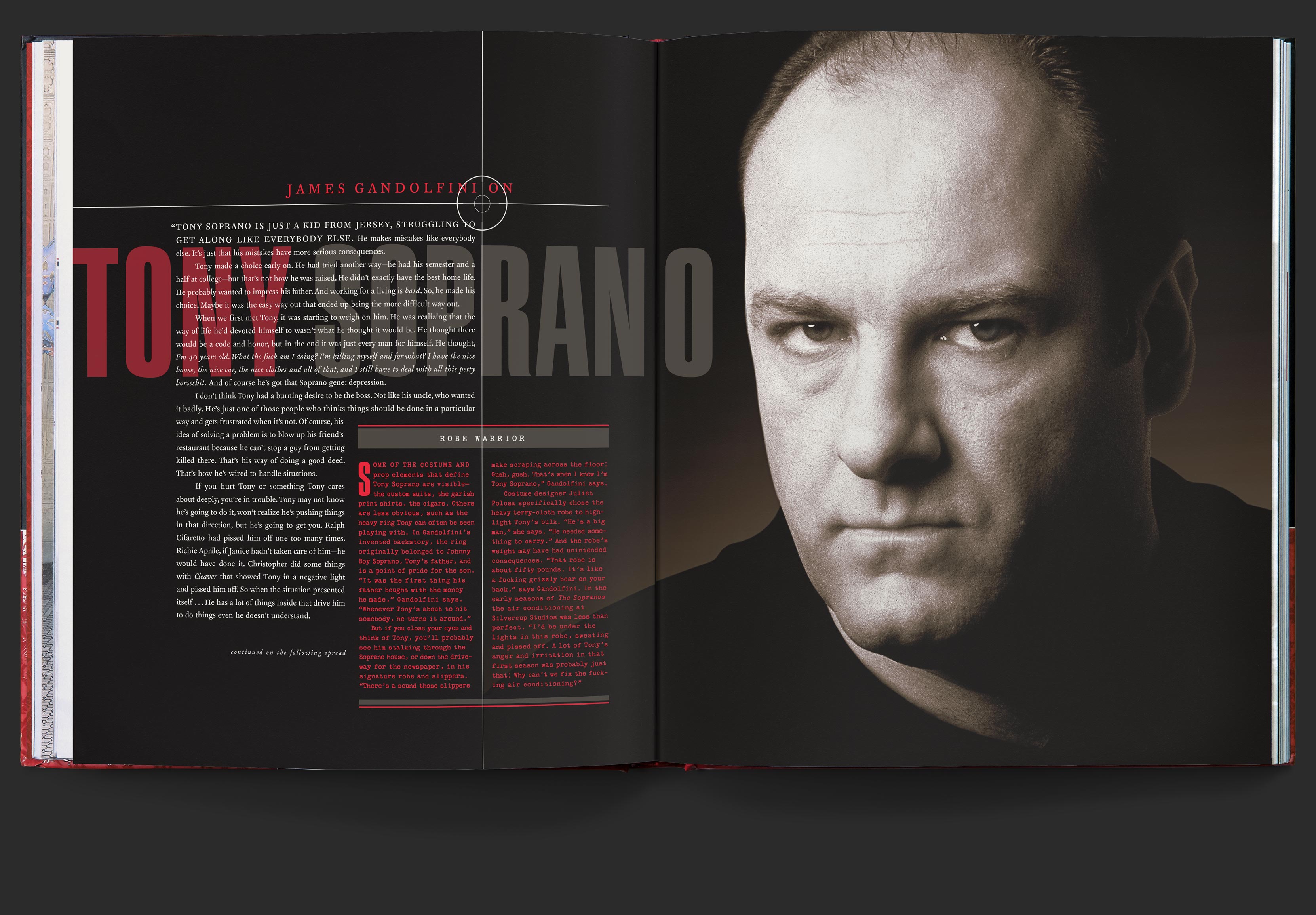 Character highlight spread for Tony Soprano played by James Gandolfini, with the actor’s remarks on the character overlaid onto dramatic portrait.