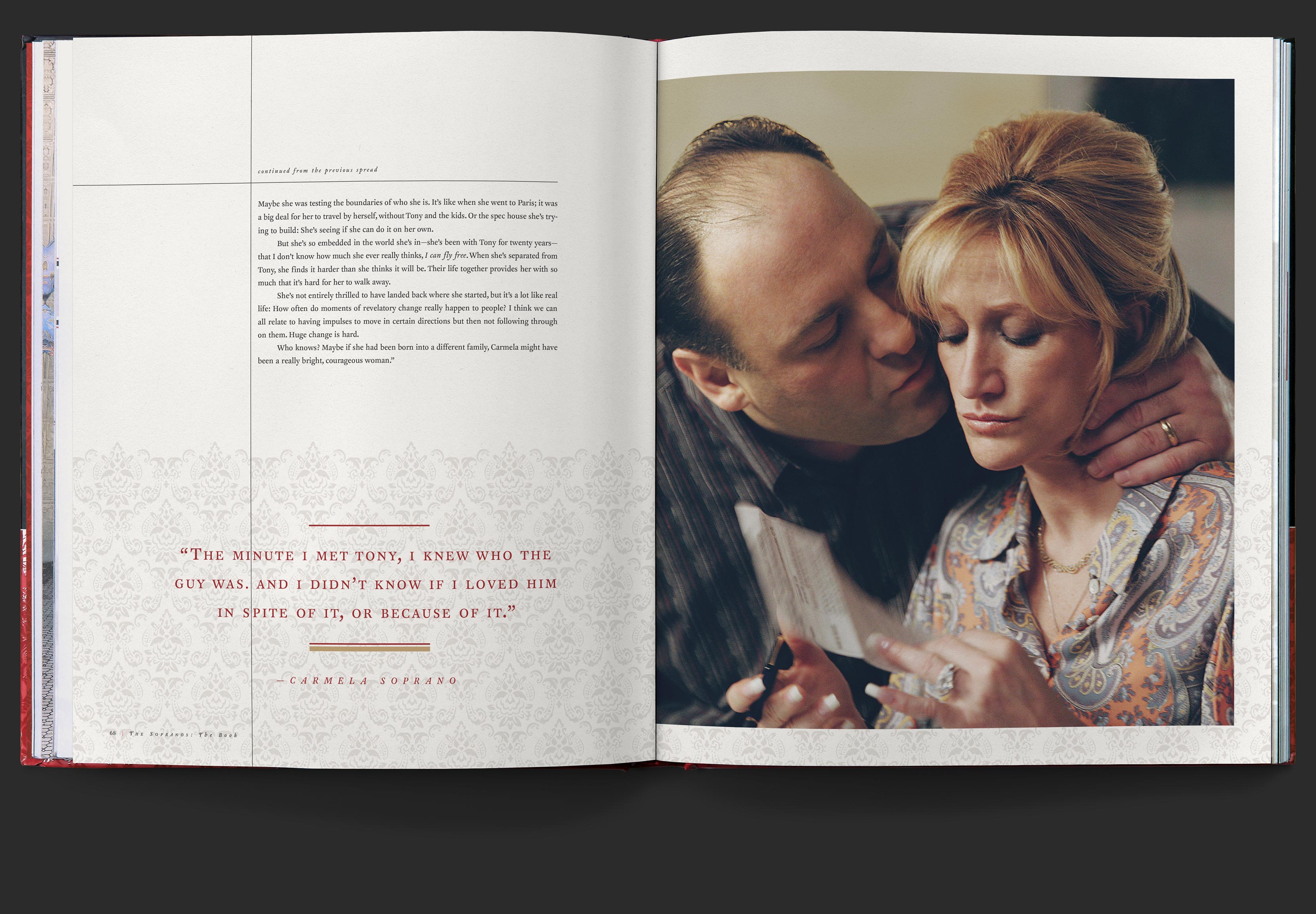 Continued highlight for Carmela Soprano, with Falco’s remarks and Carmela pull quote opposite photo of Tony and Carmela.