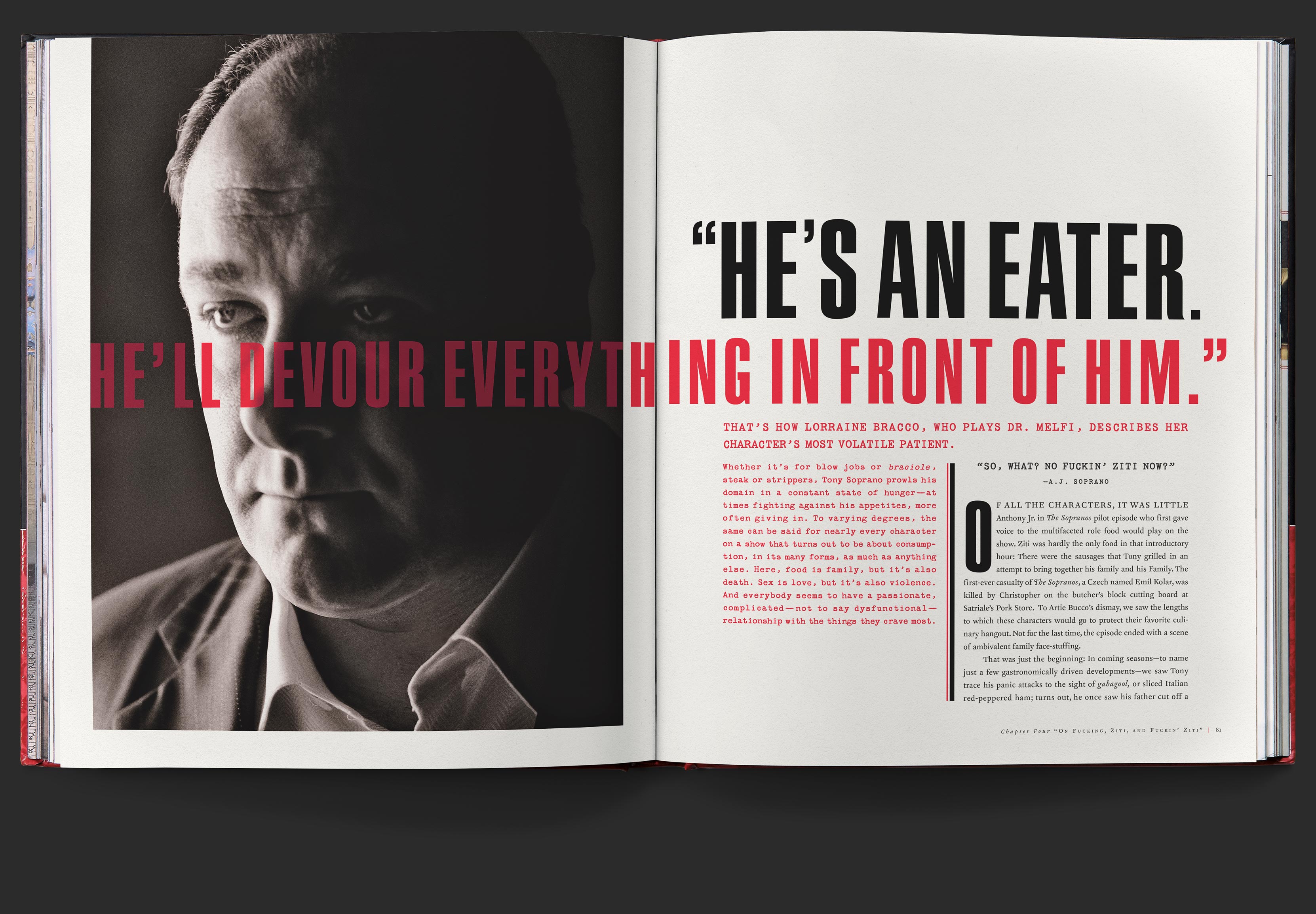 Large block quote reading, he’s an eater, he’ll devour everything in front of him, atop photo of Tony Soprano, with accompanying text.