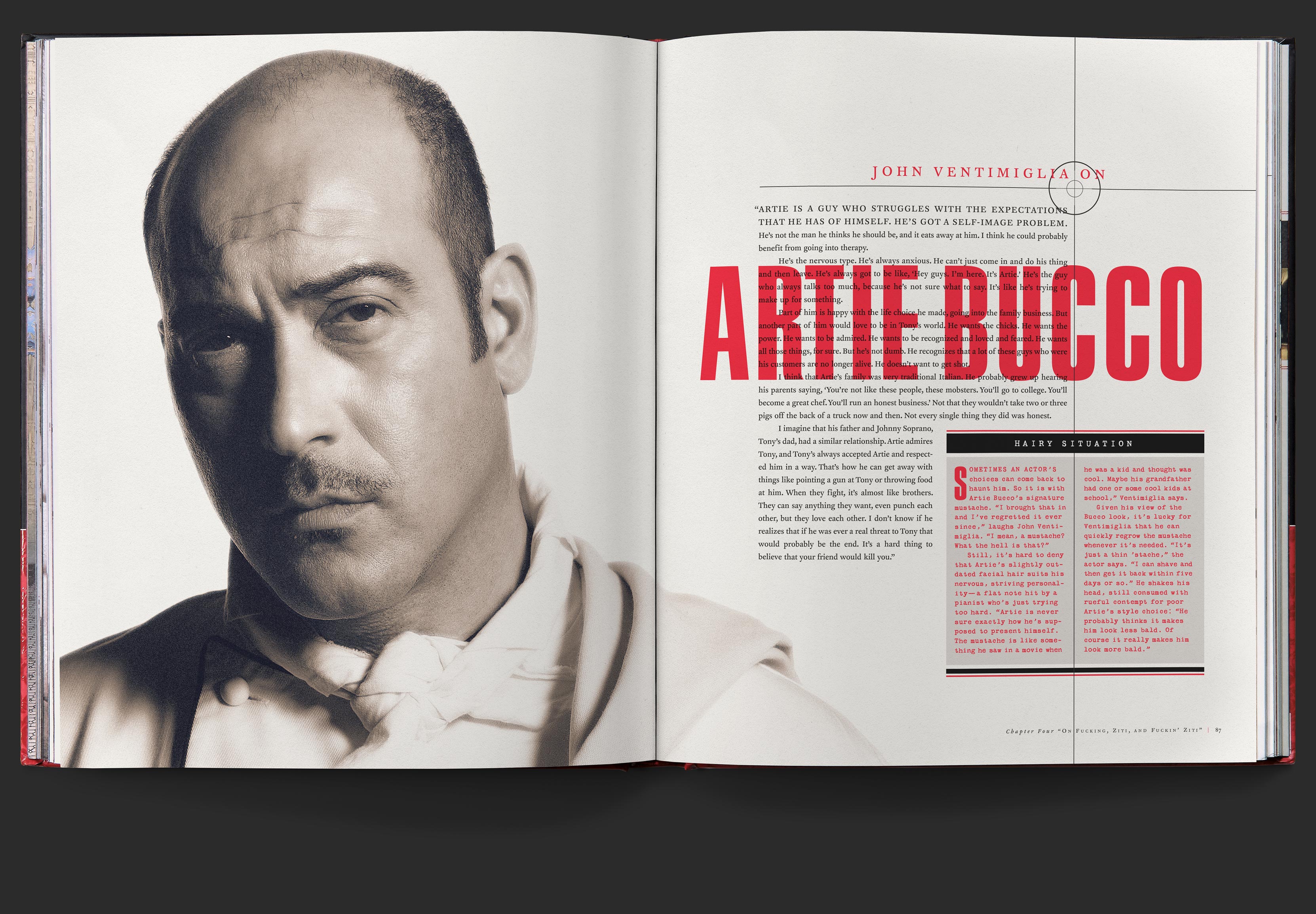 Character highlight spread for John Ventimiglia played by Artie Bucco, with the actor’s remarks on the character opposite a dramatic portrait.