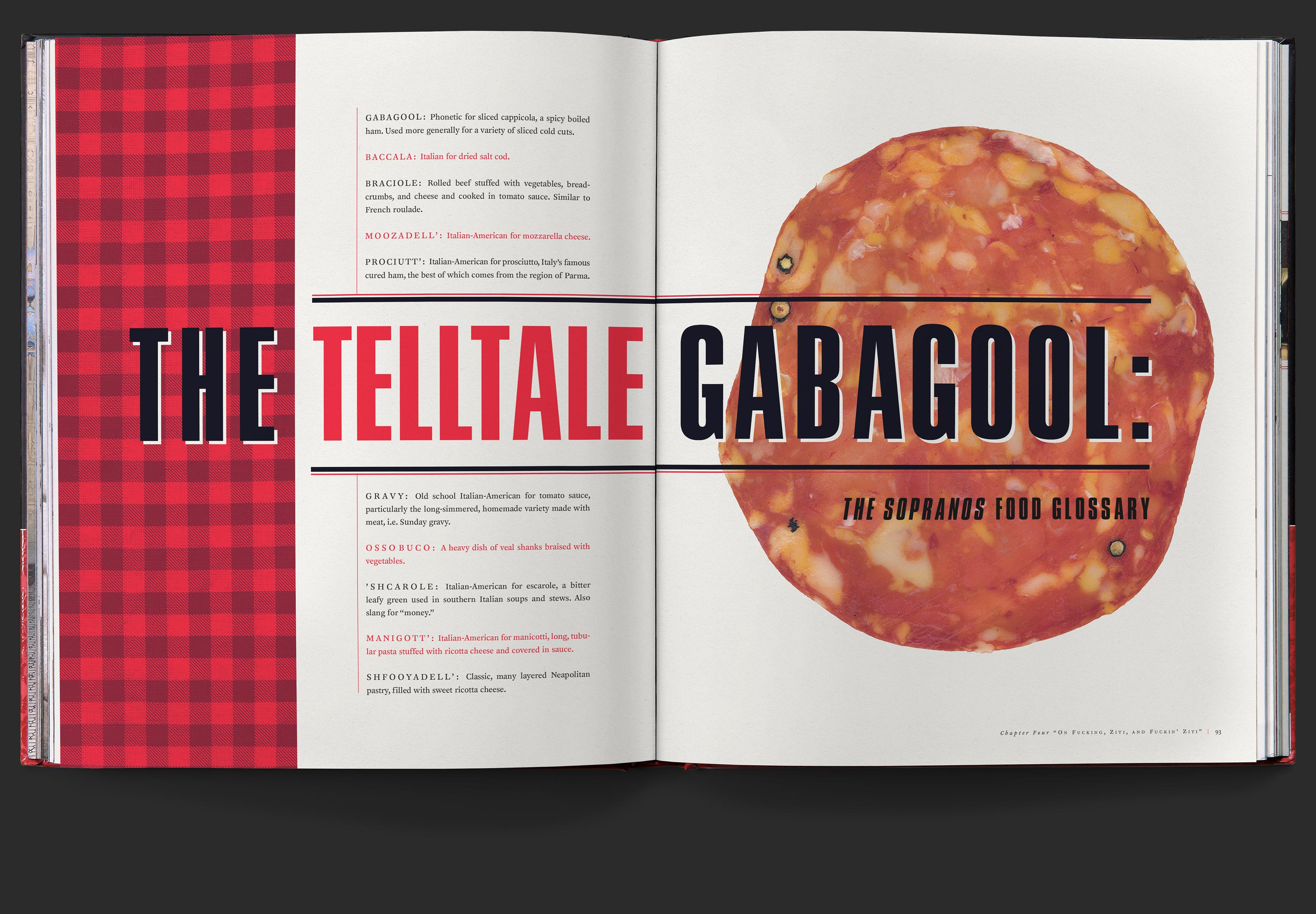 Interstitial spread with large block letters reading, The Telltale Gabagool, the sopranos food glossary, overlaid onto red plaid pattern and large photo of gabagool slice.