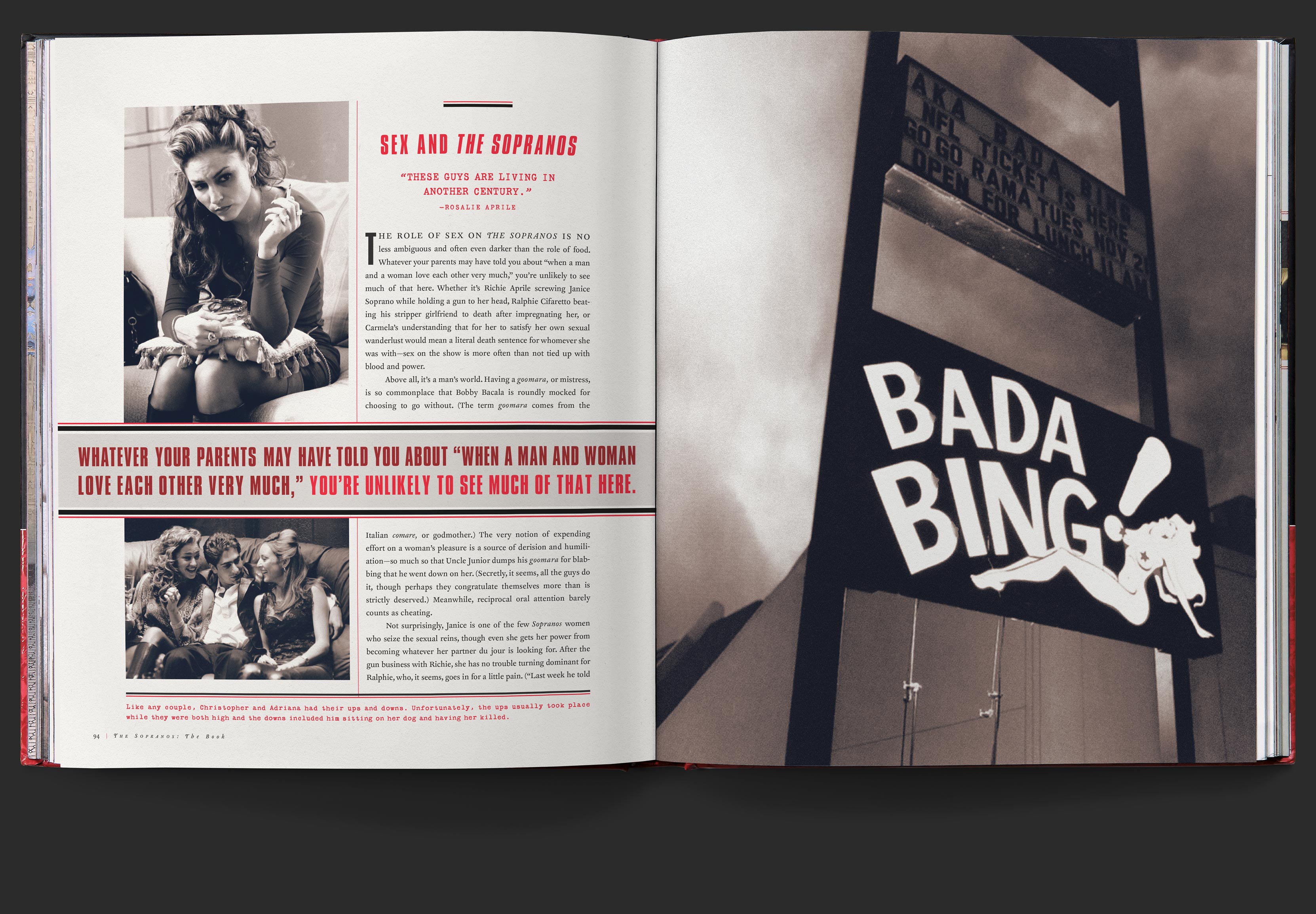 Open book with text page with large red callouts on the left, and a full page photo of the Satin Dolls sign, showing a graphic of the Bada Bing Girls.