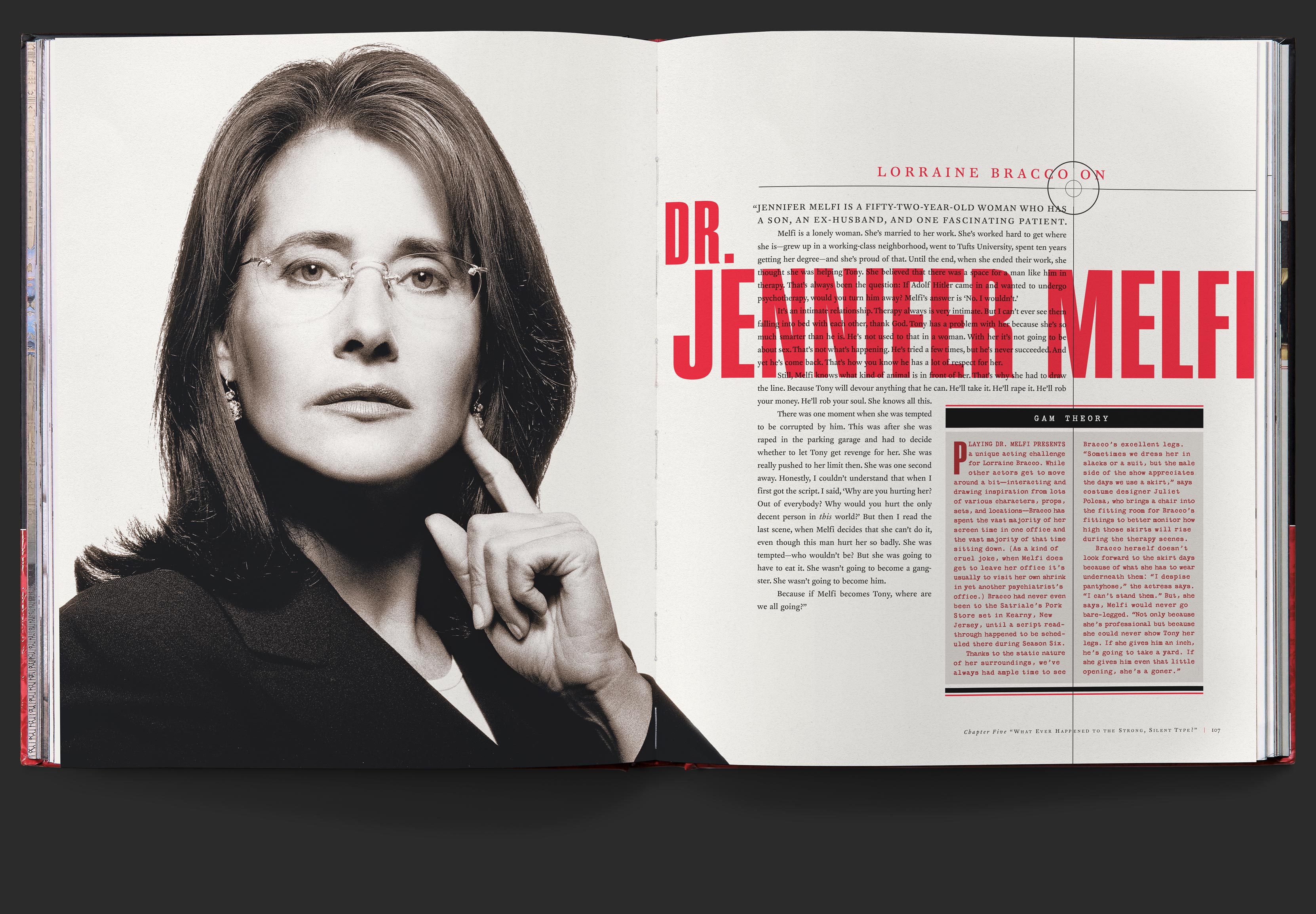 Character highlight spread for Doctor Jennifer Melfi played by Lorraine Bracco, with the actress’s remarks on the character, opposite a dramatic portrait.