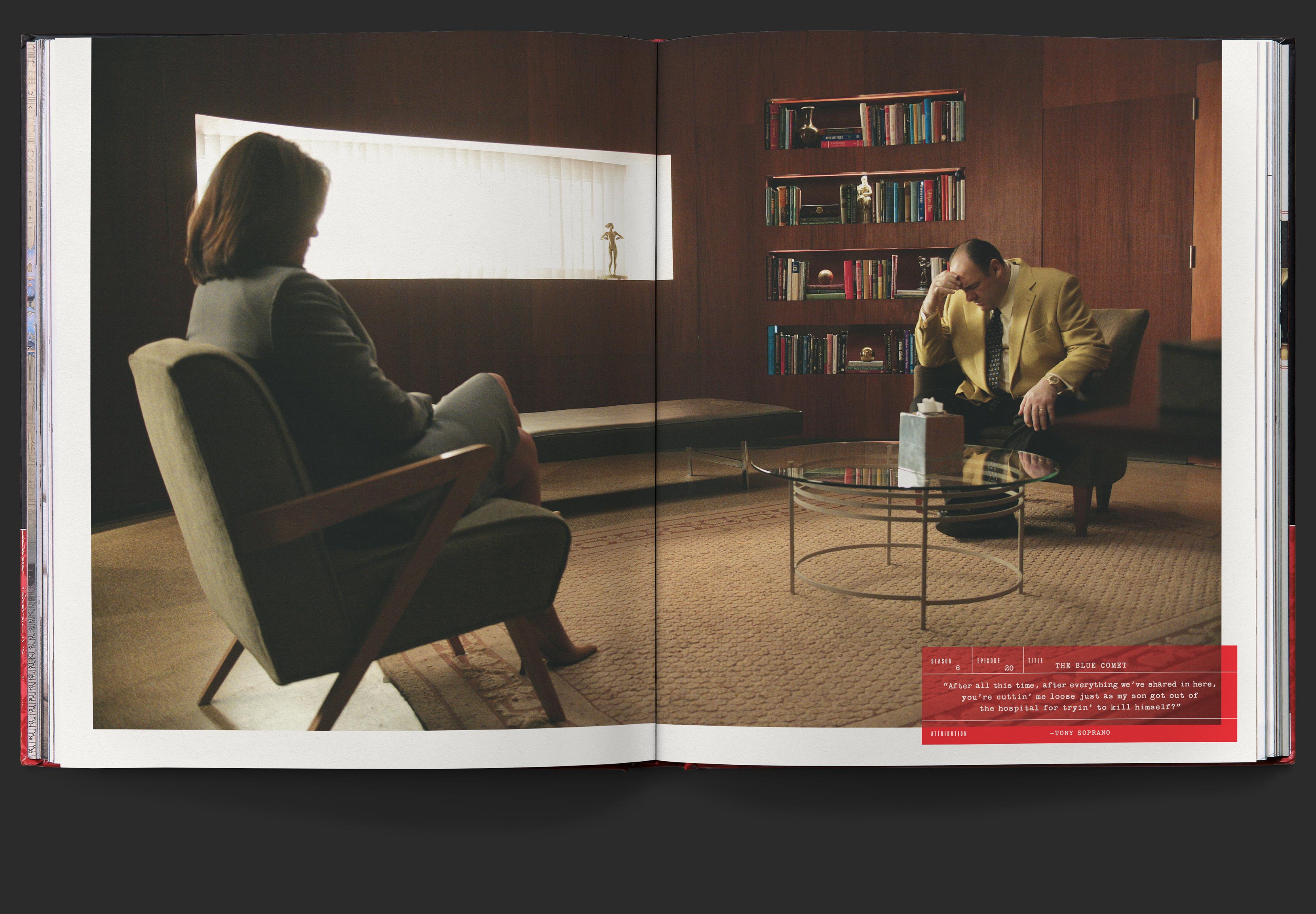 Two page photo of Tony Soprano and Doctor Jennifer Melfi in a psychiatrist office, with a pull quote block overlaid in bottom right corner.