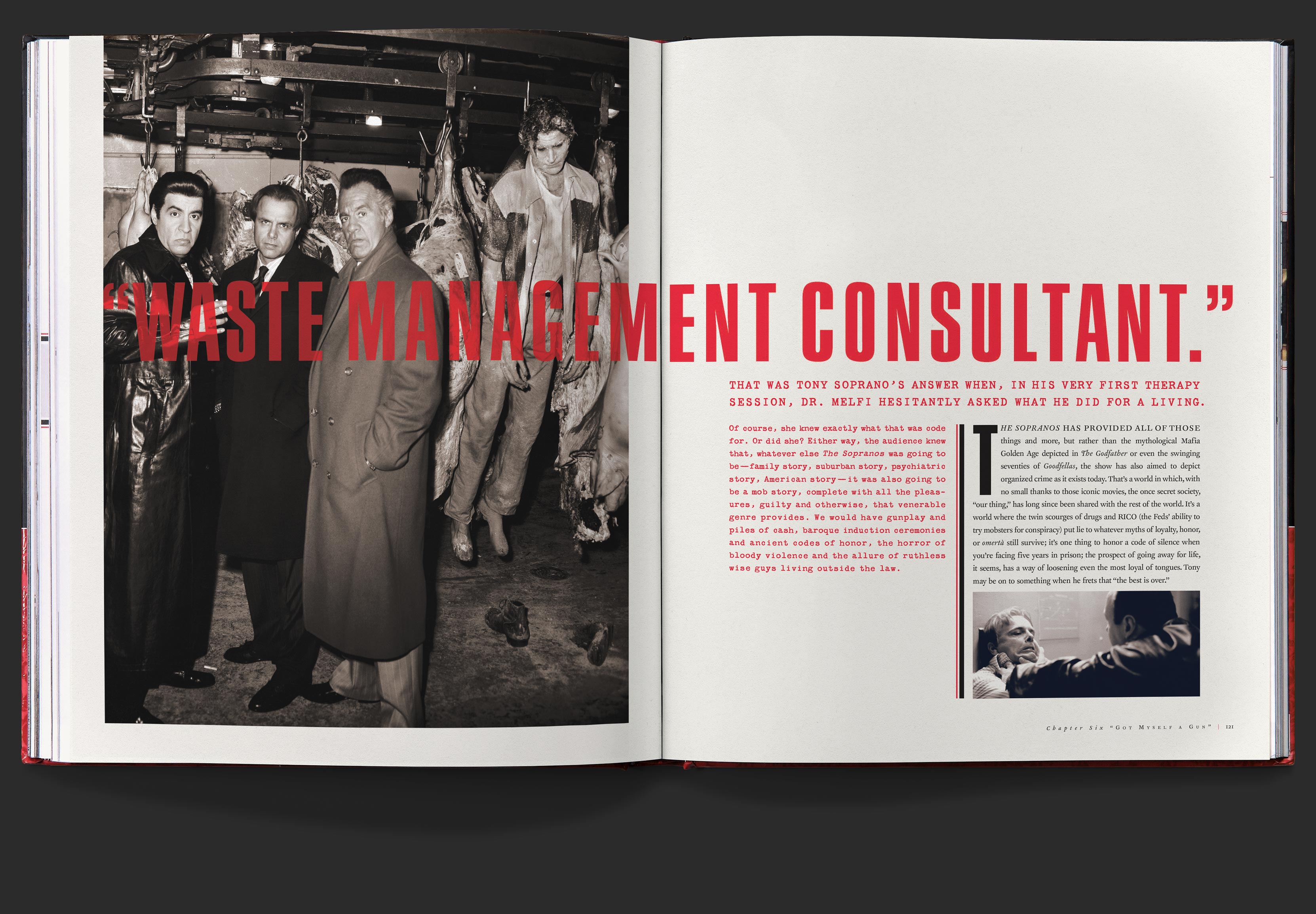 Open book with large red block type reading, waste management consultant, overlaid onto large photo of men in the butcher shop, with accompanying type.