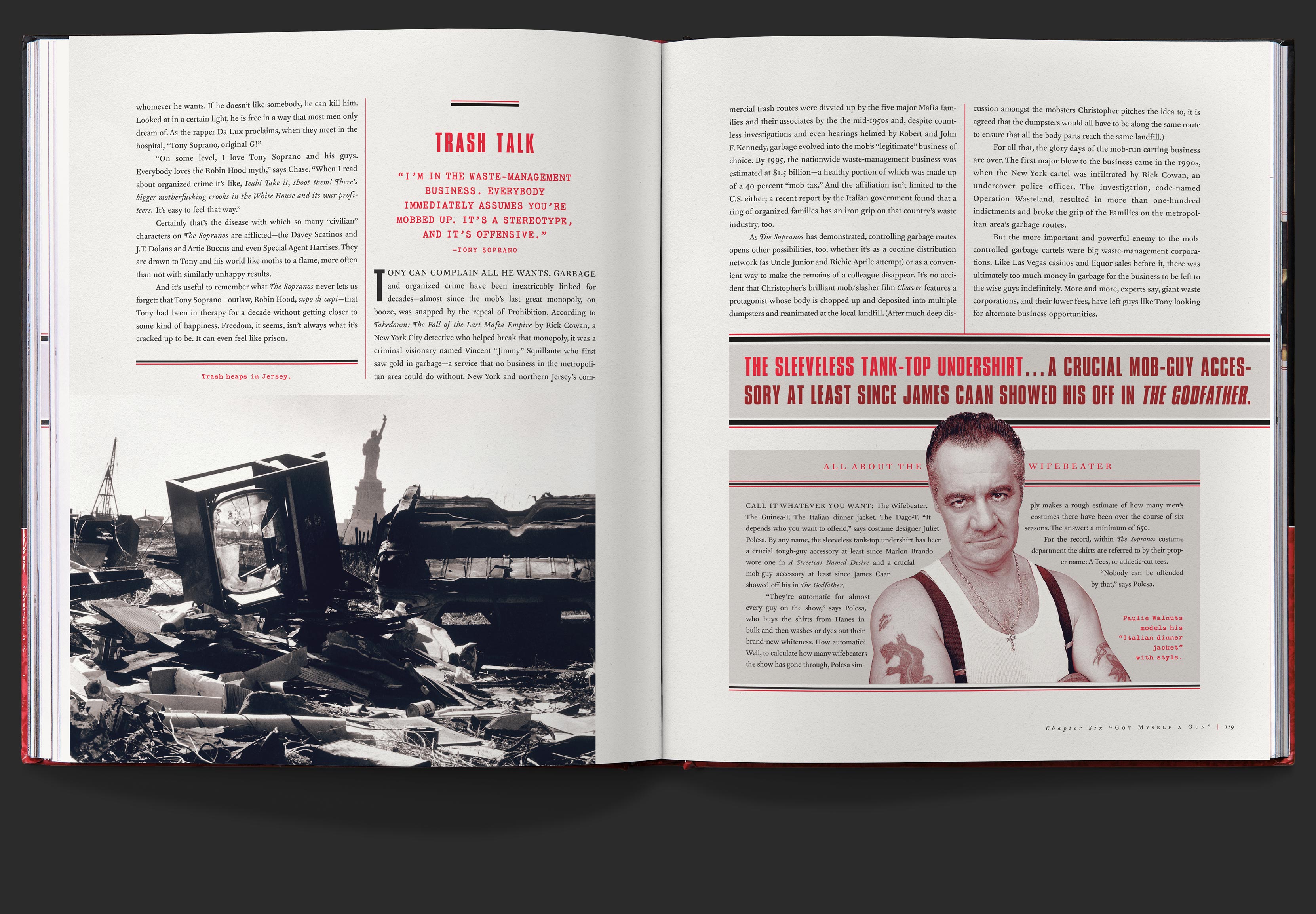 Book pages titled, trash talk, with red callout quotes, a highlight section on the wifebeater tank top, and a photo of the trash heaps in Jersey.
