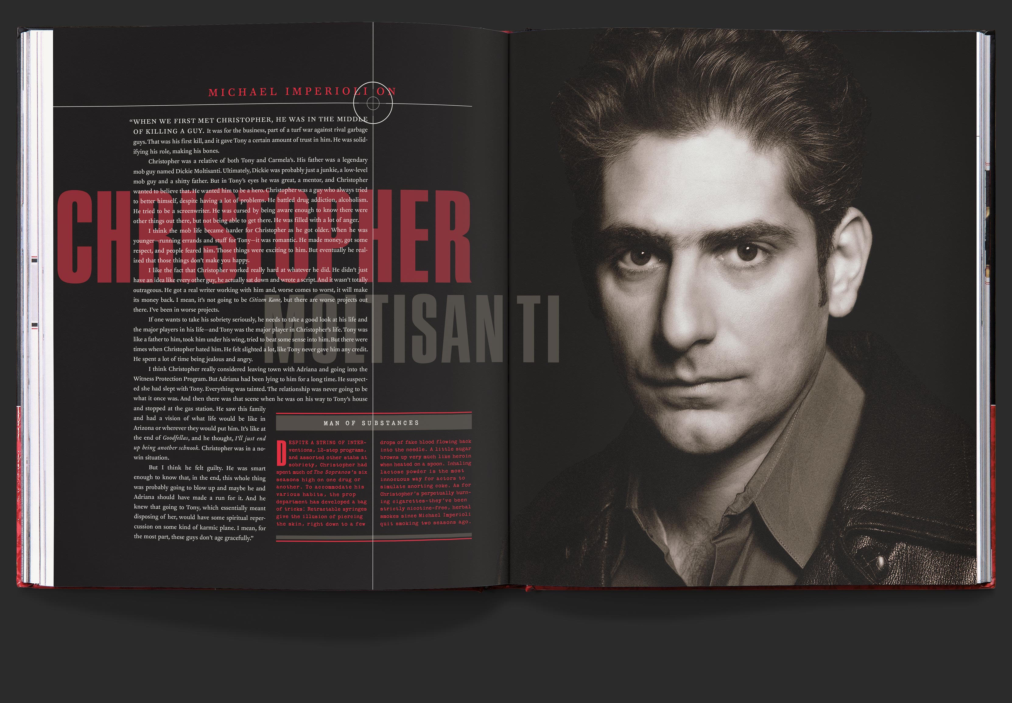 Character highlight spread for Christopher Moltisanti played by Michael Imperioli, with the actor’s remarks on the character, opposite a dramatic portrait.