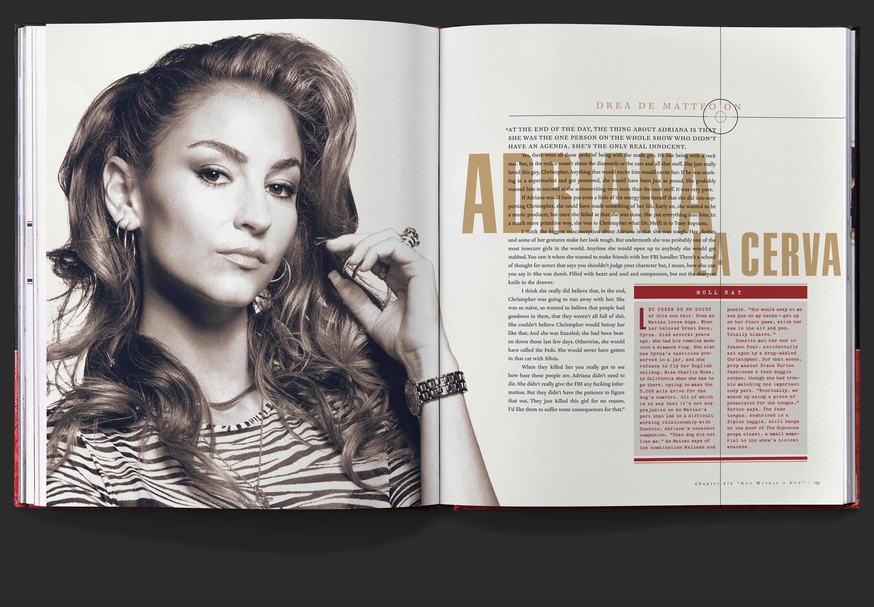 Character highlight spread for Adriana La Cerva played by Drea de Matteo, with the actress’s remarks on the character, opposite a dramatic portrait.