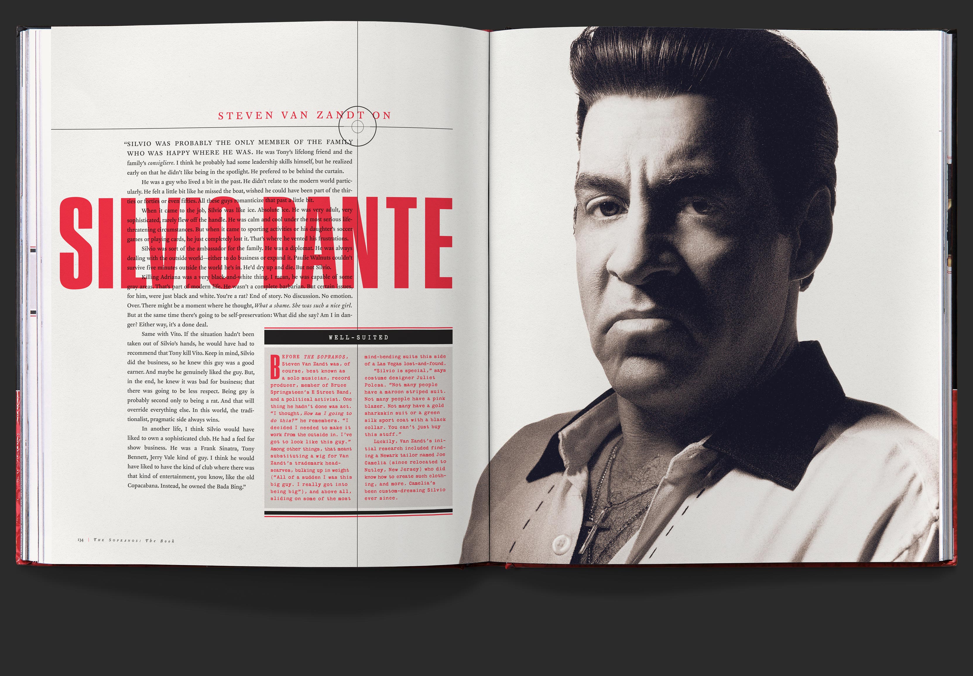 Character highlight spread for Silvio Dante played by Steven van Zandt, with the actor’s remarks on the character, opposite a dramatic portrait.
