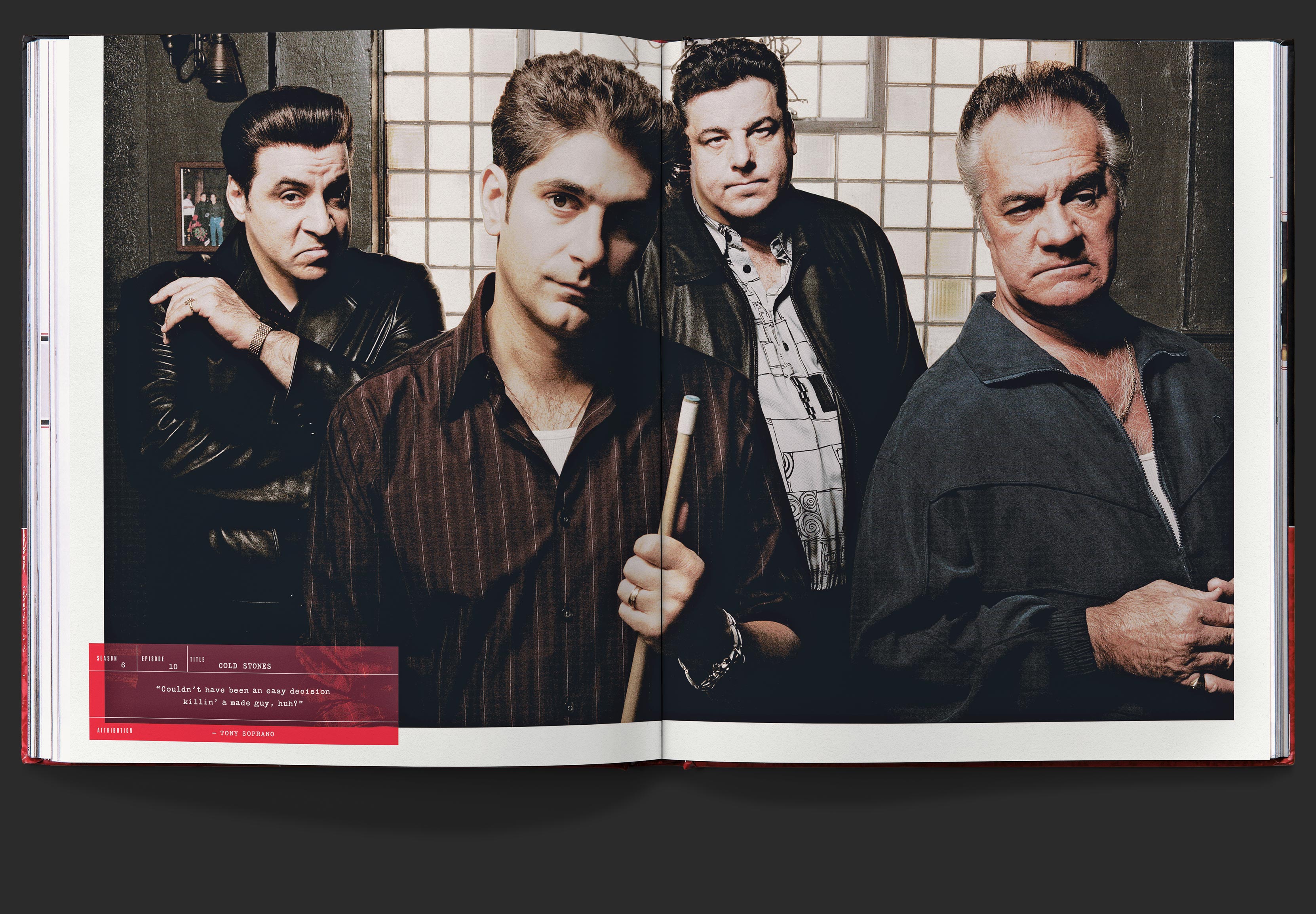 Two page photo of Christopher Moltisanti, Silvio Dante, Paulie Walnuts, and Bobby Bacala Baccalieri, with a pull quote block overlaid in bottom left corner.