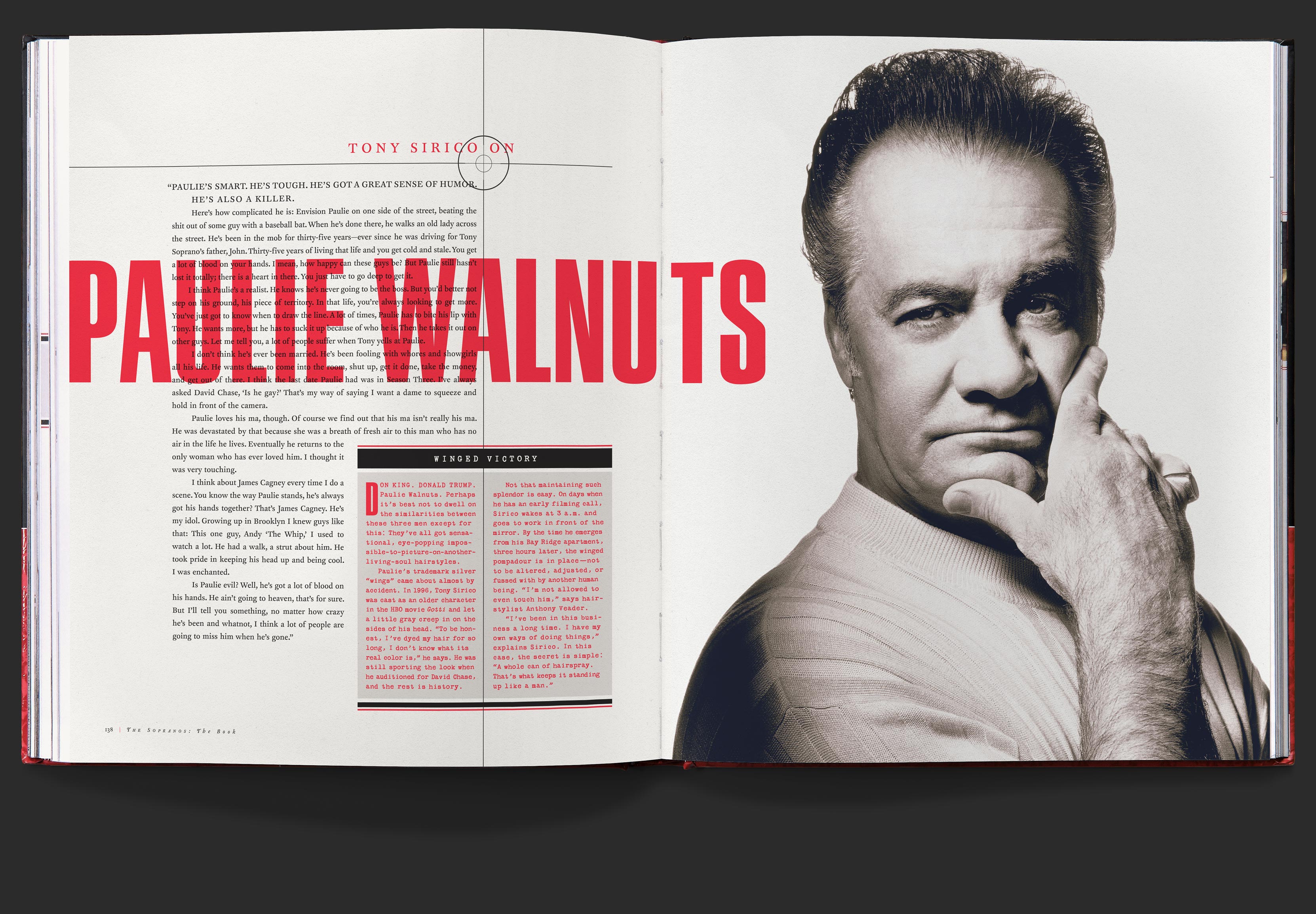 Character highlight spread for Paulie Walnuts played by Tony Sirico, with the actor’s remarks on the character, opposite a dramatic portrait.