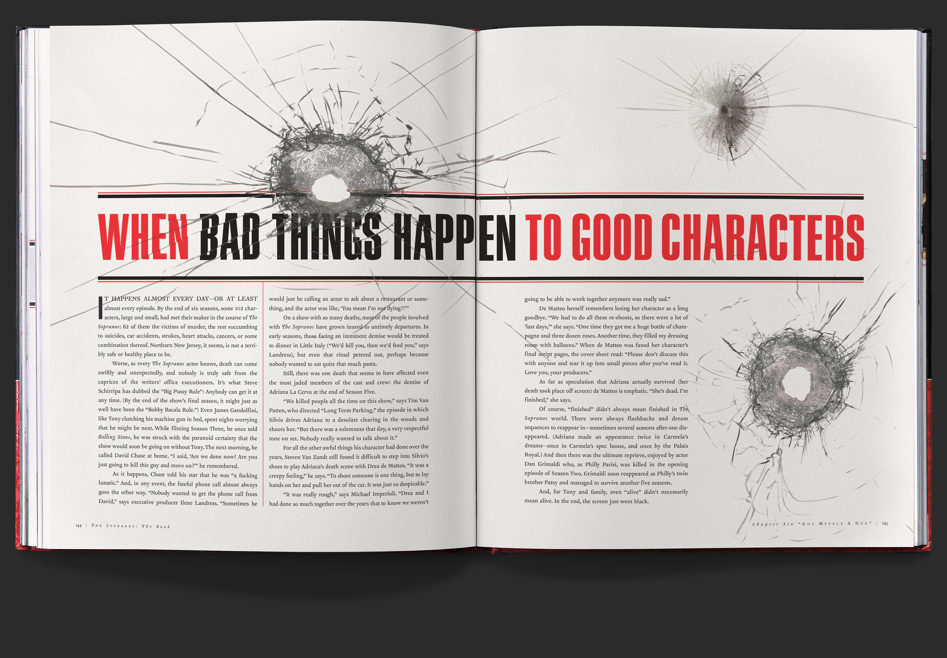 Type driven spread titled, when bad things happen to good characters, with three bullet holes shot through the white background.