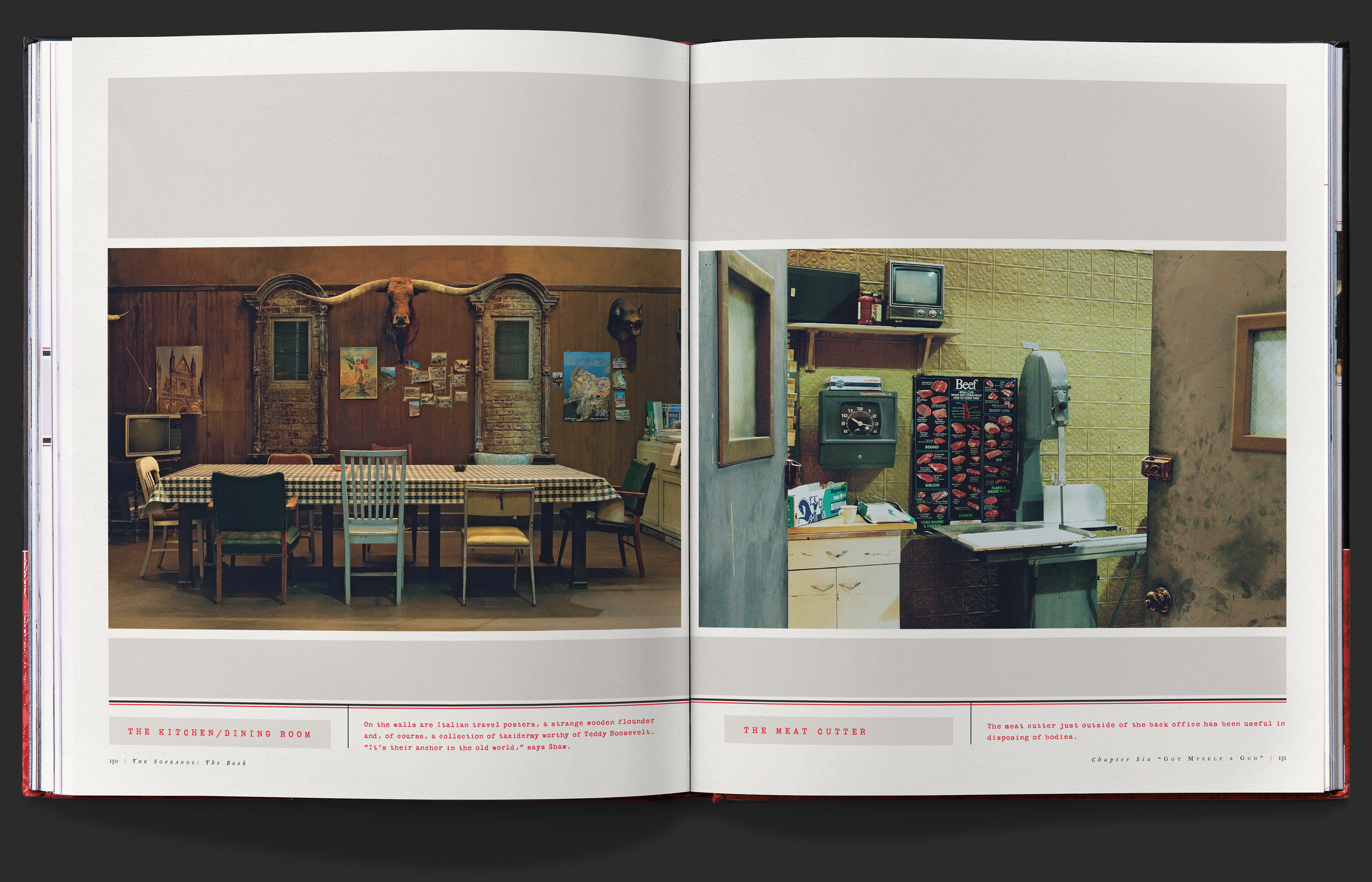 Photo of the kitchen and dining room at Satriale’s pork store, left, opposite photo of the meat cutter machine, each with captions.