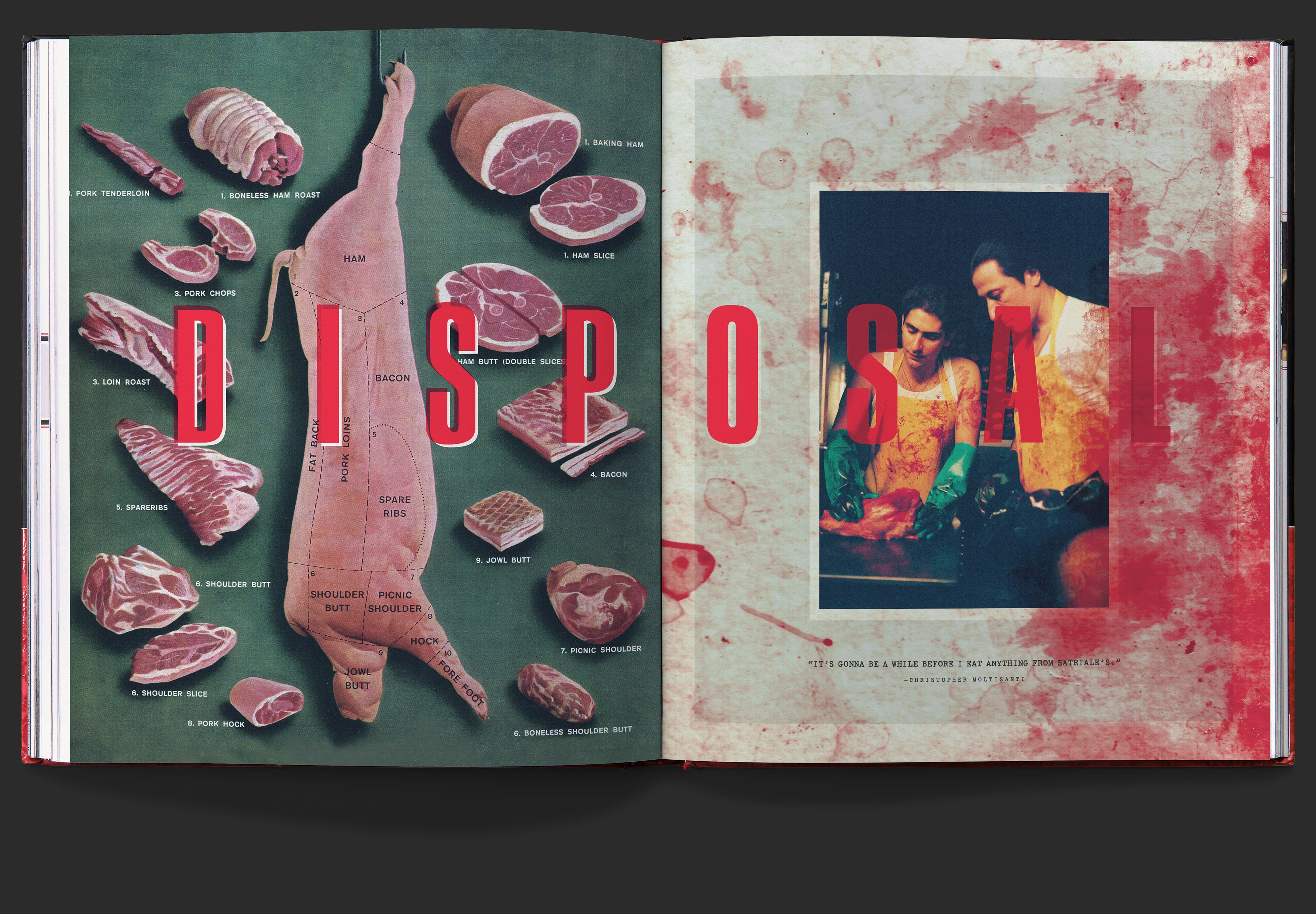 Callout spread titled Disposal, with a green and pink colored butcher’s cut diagram of a pig, left, and bloody transparent acetate atop photo of bloody butchers, right.