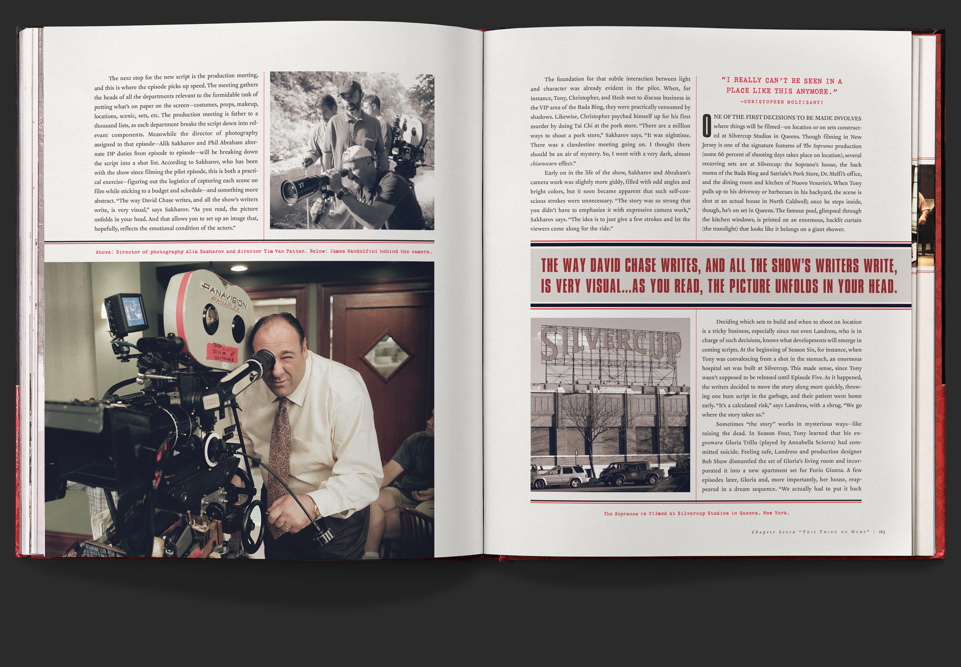 Book spread with behind the scenes details of how episodes get produced, with photos of the camera crew and iconic Silvercup Studios sign.