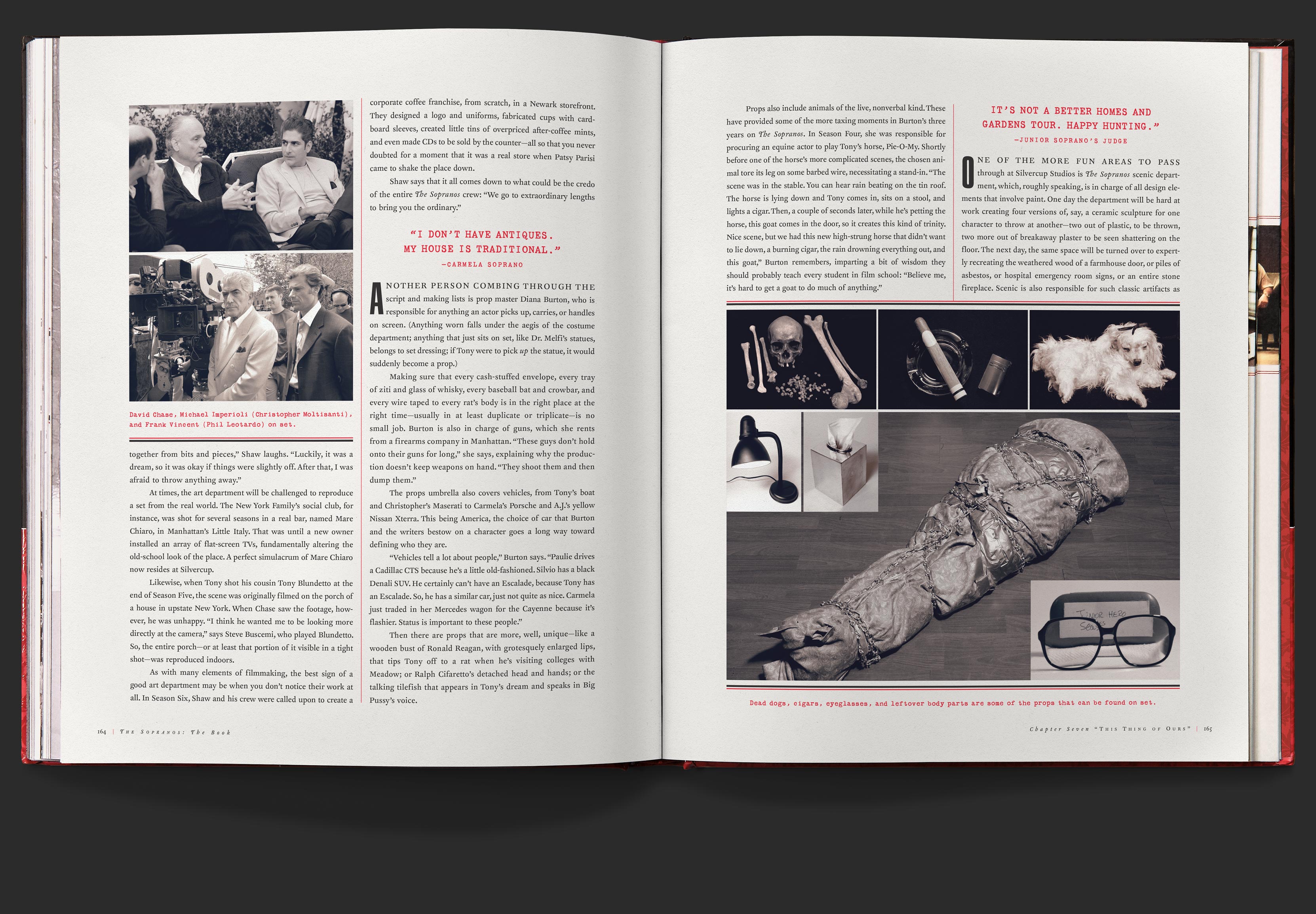 Continued text and photos discussing the production of an episode, specifically the roles of the prop and set departments.