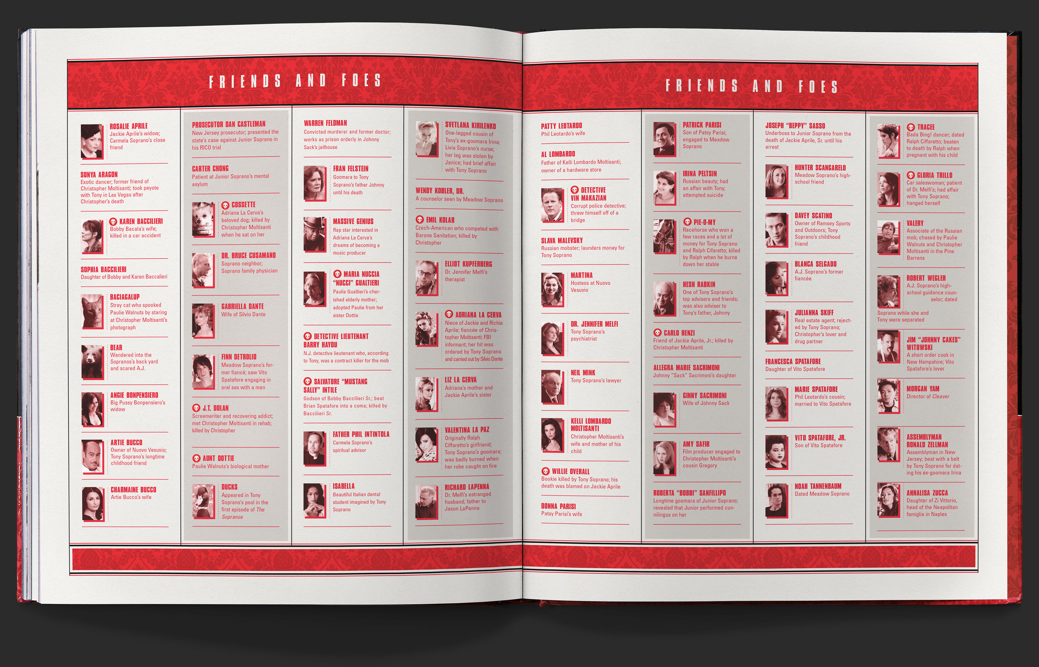 Continued interstitial section with black, white, and red chart of characters who are friends and foes in the show.