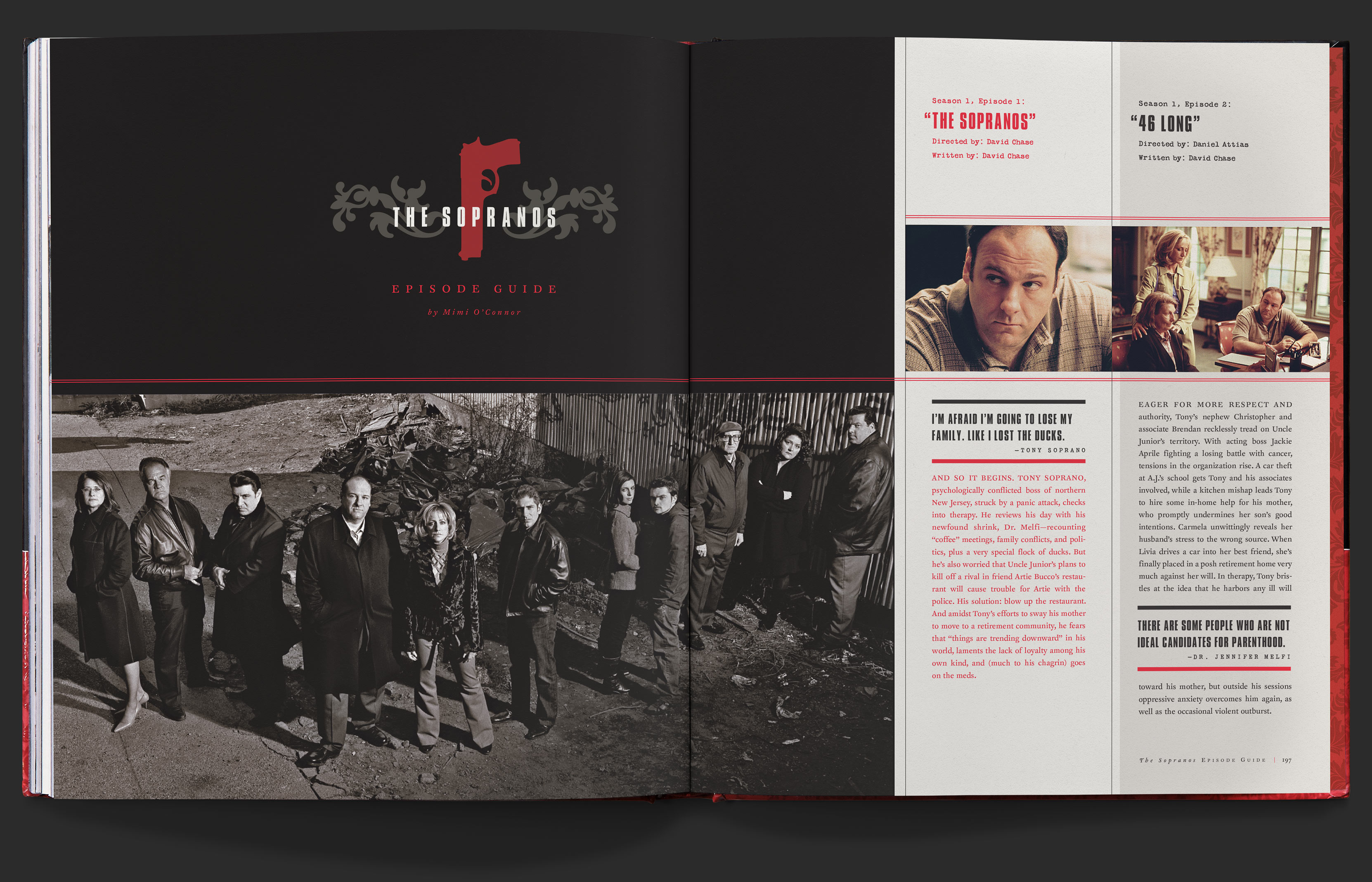 The Sopranos episode guide with a wide black and white shot of the cast and columns of information on the first two episodes of the show on the right.