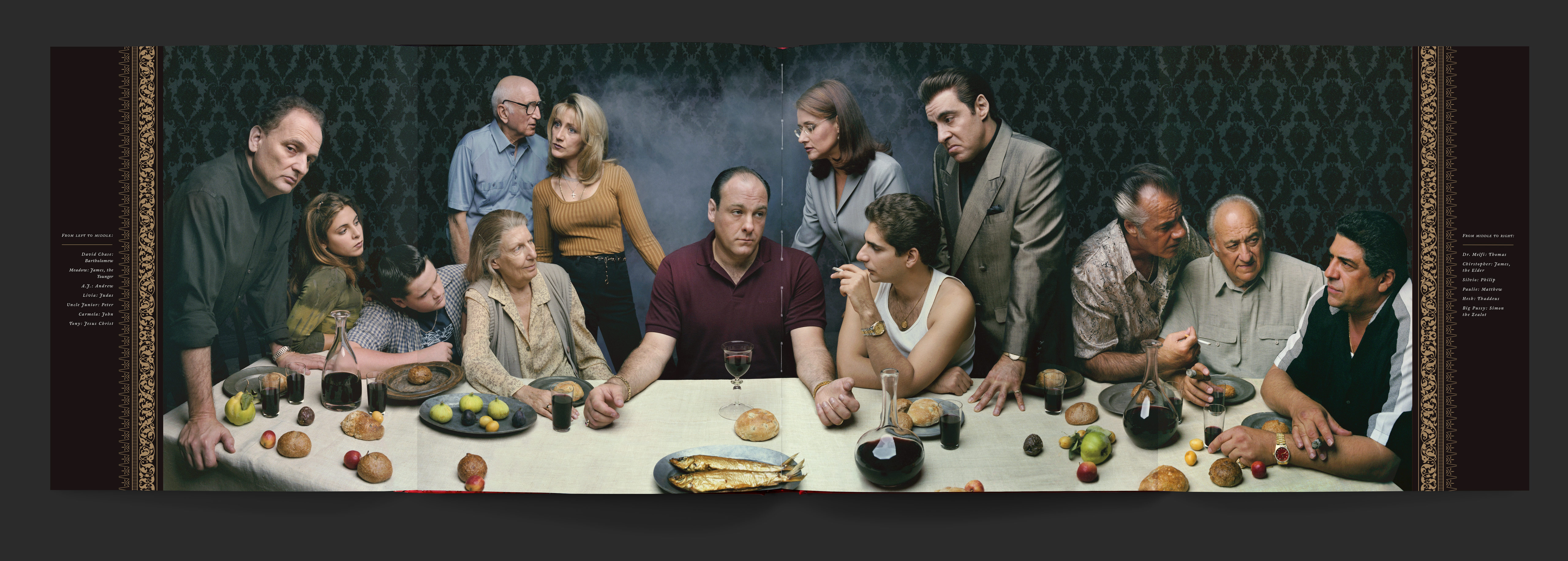Full gatefold interior, with Annie Leibovitz’s famous last supper parody portrait of the cast and captions in gold on either side.